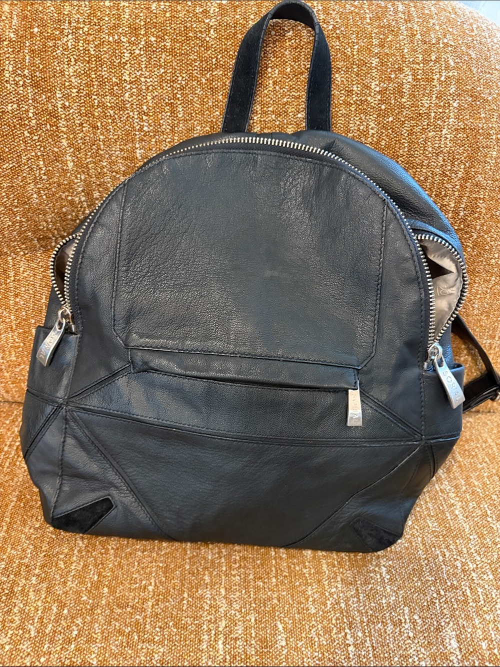 Sorial Black Leather Rounded Backpack with Silver Zippers